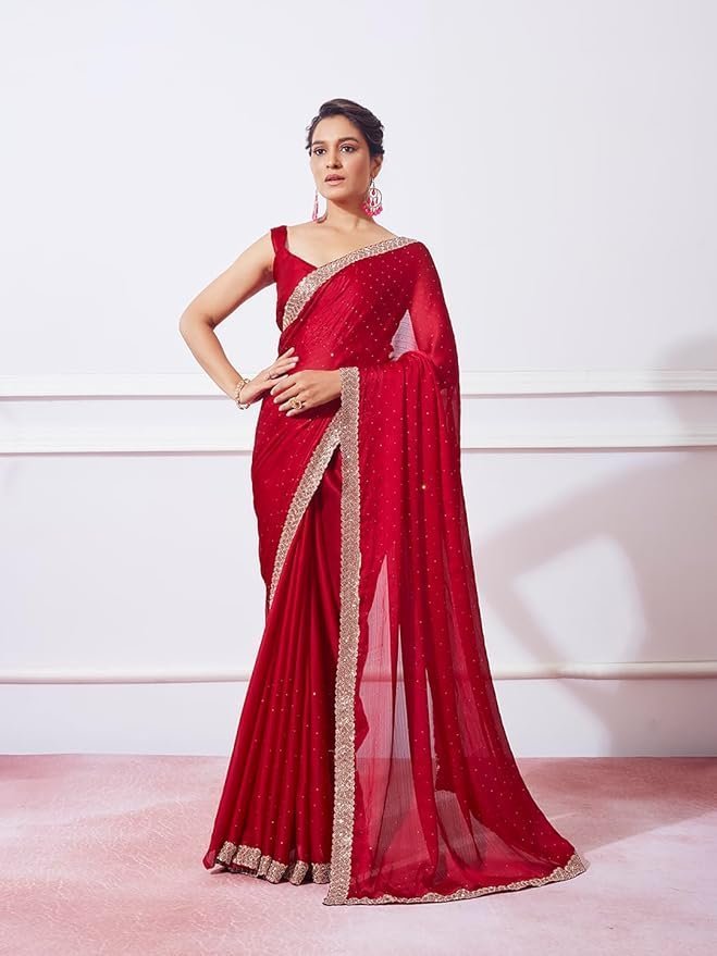 61Nk5bL9GRL._SY879_.jpg Women's Satin Chiffon All Over Fix Diamond With Lace Work Saree With Matching Unstitched Blouse Piece - Image 1