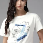 Women Printed Round Neck Pure Cotton White T-Shirt