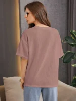 Women Self Design Round Neck Linen Blend Pink T-Shirt - Image 2